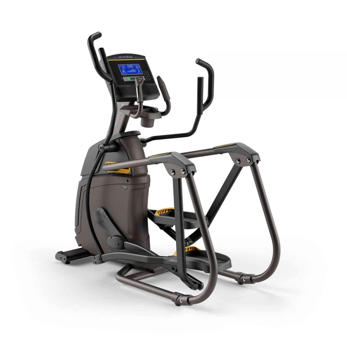 A stationary exercise bike with a digital display