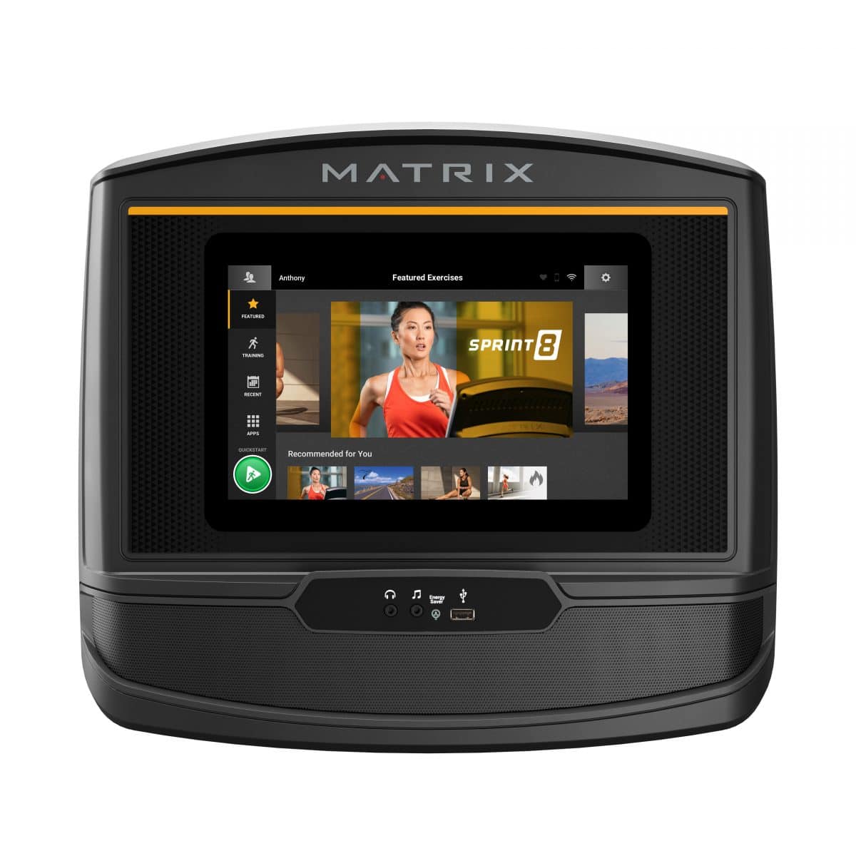 A matrix fitness machine with an image of a woman on it.