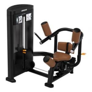 A gym machine with a black and brown seat.