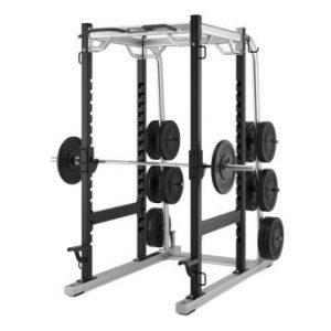 A gym equipment rack with two squat plates