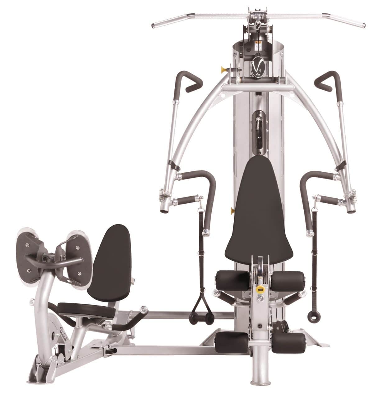 A gym equipment set with a bench and a pulley.