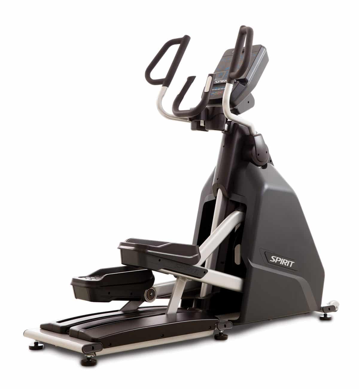 A close up of an exercise bike on a white background