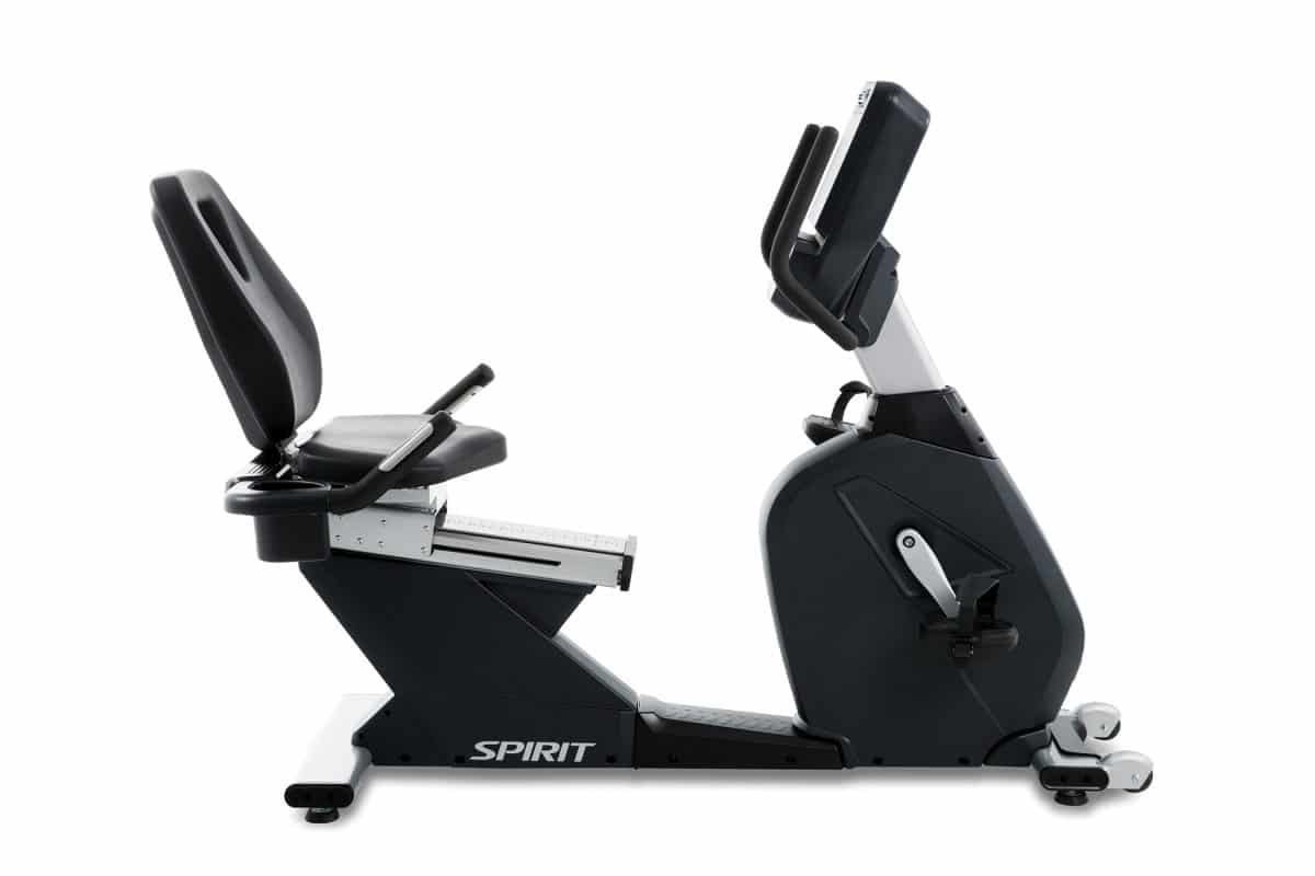 A stationary exercise bike with a seat and backrest.