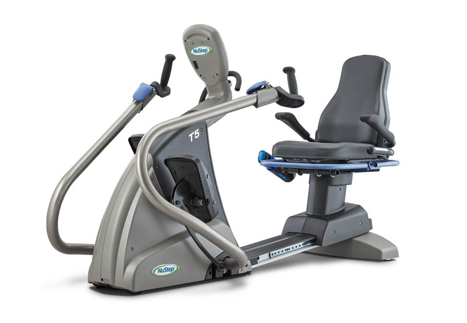 A recumbent exercise bike with a seat