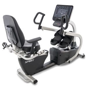 A stationary exercise bike with a monitor.