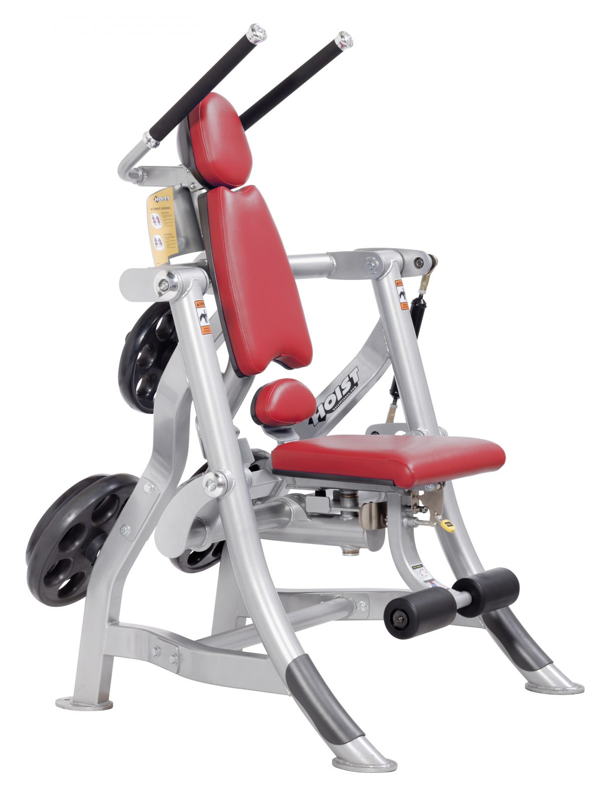 A weight machine with a red seat on a white background